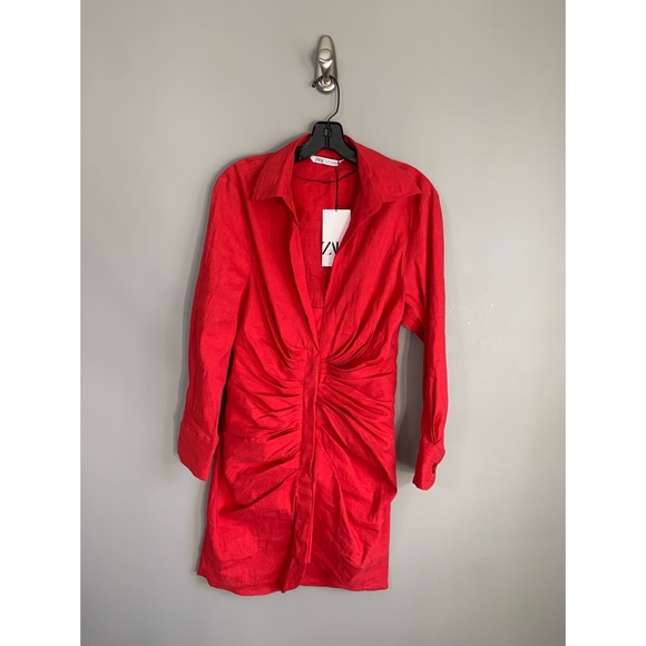 NWT Blogger Fav Zara Red Linen Draped Dress - Picture 6 of 11